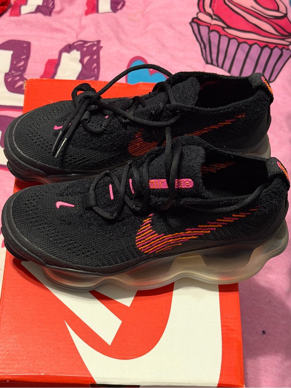 Nike Black Sneakers with Pink and Orange Swoosh - Youth Size 4